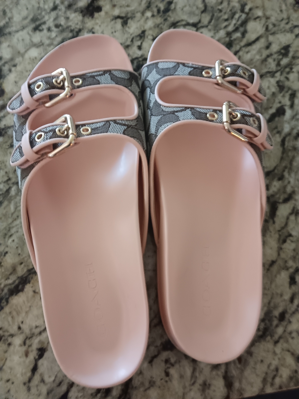 Coach Pink Logo-Print Double-Strap Slide Sandals with Gold Buckles- Size 11